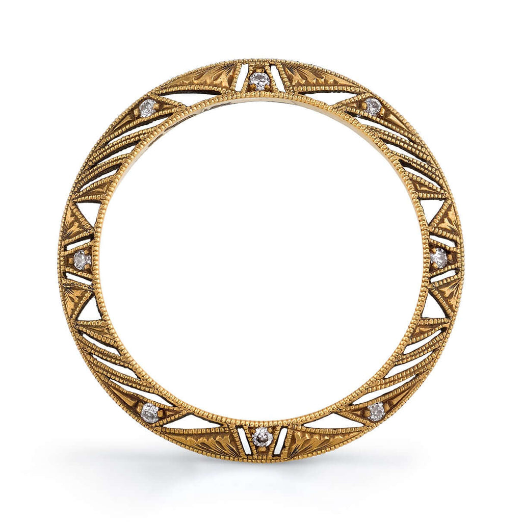 SINGLE STONE PHOENIX BAND | Approximately 0.10ctw G-H/VS old European cut diamonds set in a handcrafted 18K yellow gold eternity band. Available in an oxidized or polished finish. Approximate band with 2.4mm. Please inquire for additional customization.