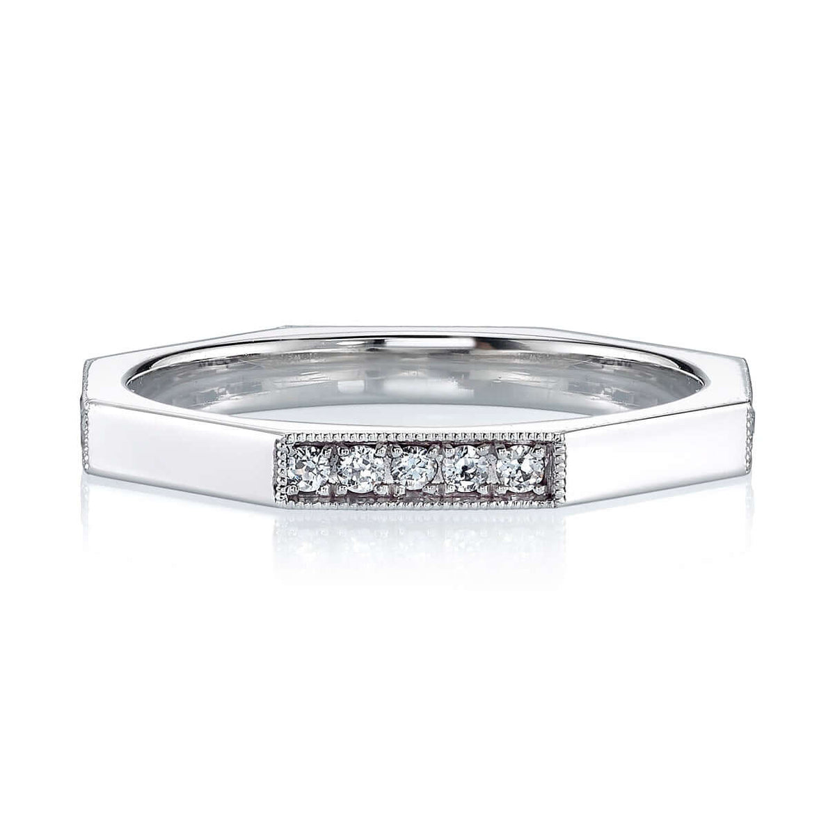 SINGLE STONE MAIA BAND | Approximately 0.20ctw old European cut diamonds set in a handcrafted sectional octagonal band. Approximate band width 2mm. Please inquire for additional customization.