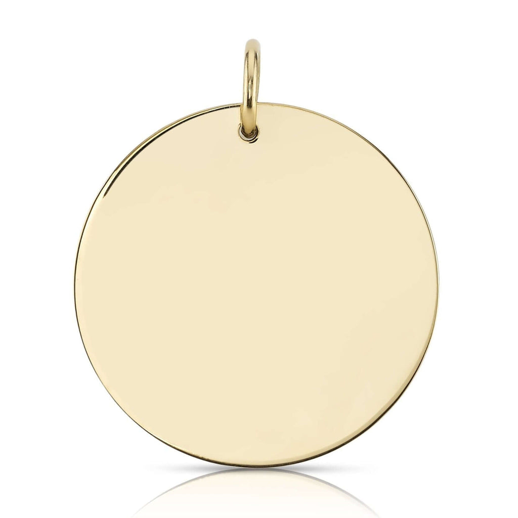 SINGLE STONE POLISHED ROUND DISC PENDANT featuring Handcrafted 18K yellow gold engravable round pendant. Price includes monogrammed engraving of up to three letters in any of the styles shown above - please be sure to specify before placing your order. Pl