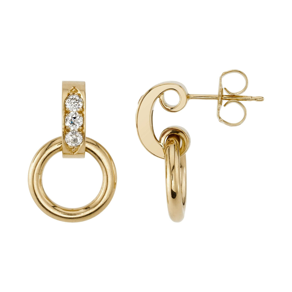 SINGLE STONE ASTRID HOOP | Earrings featuring Approximately 0.35ctw G-H/VS old European cut diamonds prong set in 18K yellow gold hoop earrings.
