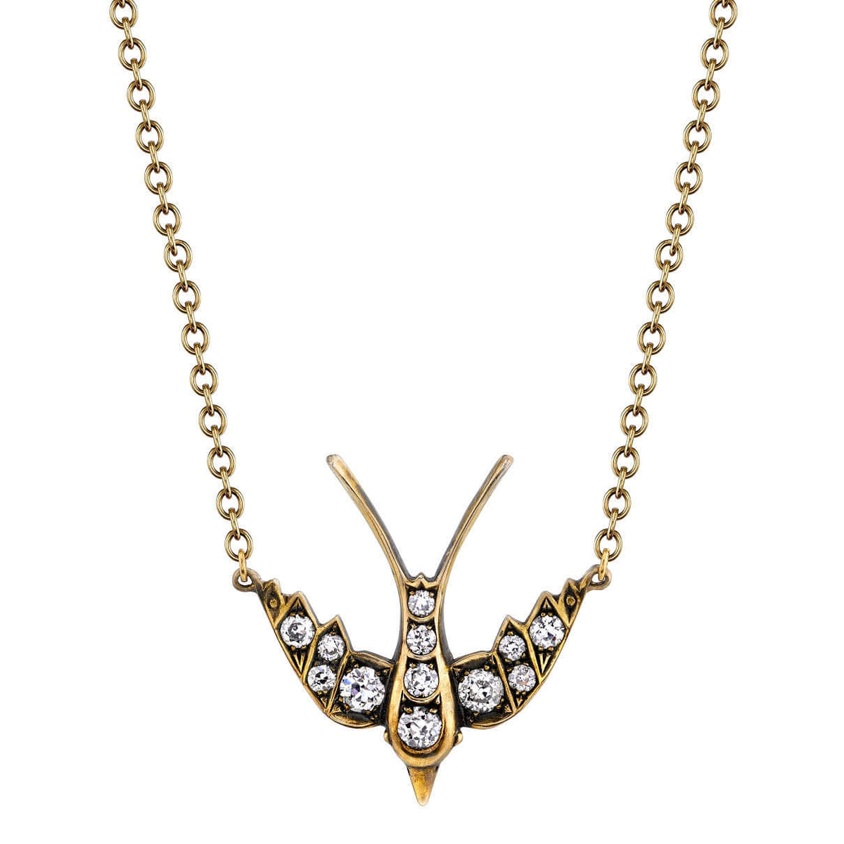 SINGLE STONE SMALL SWALLOW PENDANT NECKLACE featuring 0.32ctw G-H/VS old European cut diamonds set in a handcrafted 18K yellow and champagne gold Swallow pendant. Necklace measures 16".