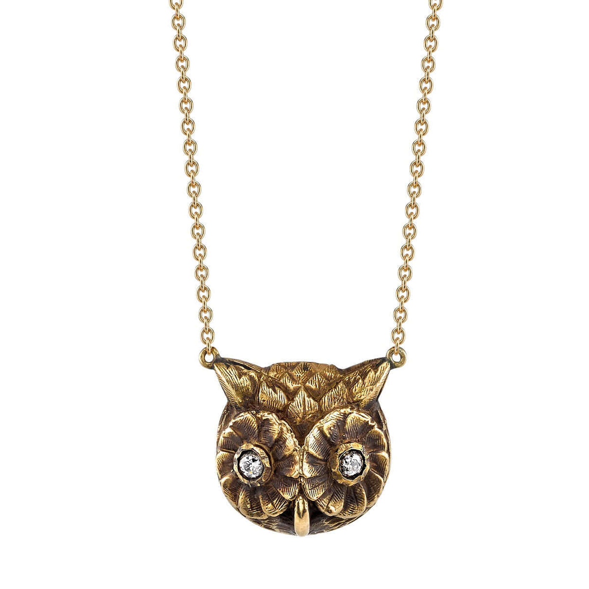 SINGLE STONE OWL PENDANT NECKLACE featuring 0.11ctw G-H/VS old European cut diamonds set in a handcrafted 18K yellow gold owl pendant necklace. Available in a polished or oxidized finish. Necklace measures 16".