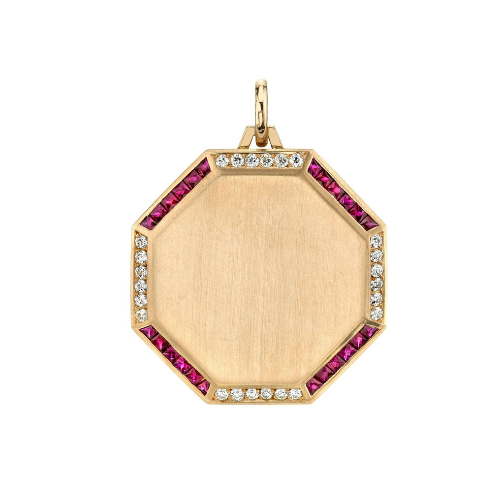 SINGLE STONE 30MM OCTAGON PENDANT PENDANT featuring Handcrafted 30mm 18K rose gold engravable octagon pendant with approximately 1.25ctw pave set French cut rubies and approximately 0.40ctw G-H/VS pave set old European cut diamonds. Price includes monogra