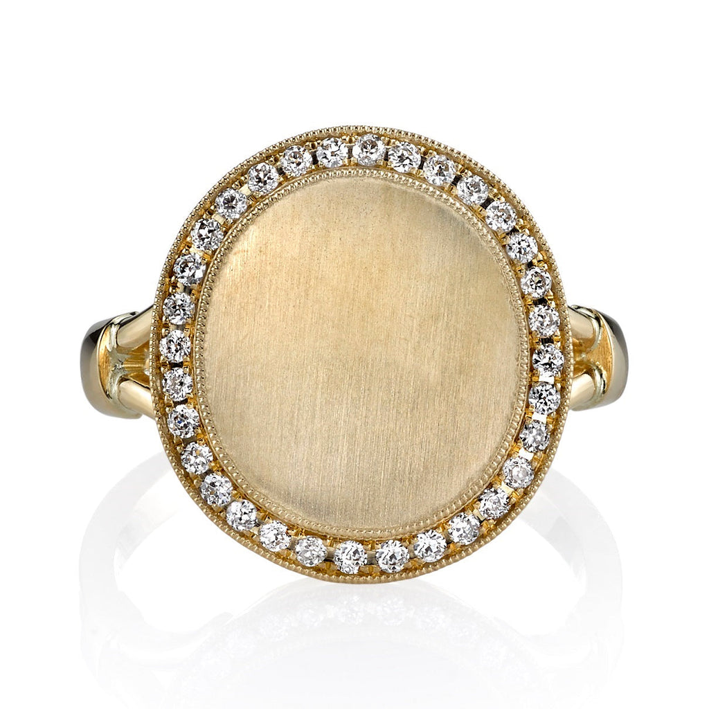 SINGLE STONE PAXTON RING featuring Vintage inspired 18K yellow gold signet ring with an approximately 0.20ctw old European cut diamond surround frame. Make it personal! Price includes monogrammed engraving of up to three letters in any of the styles shown