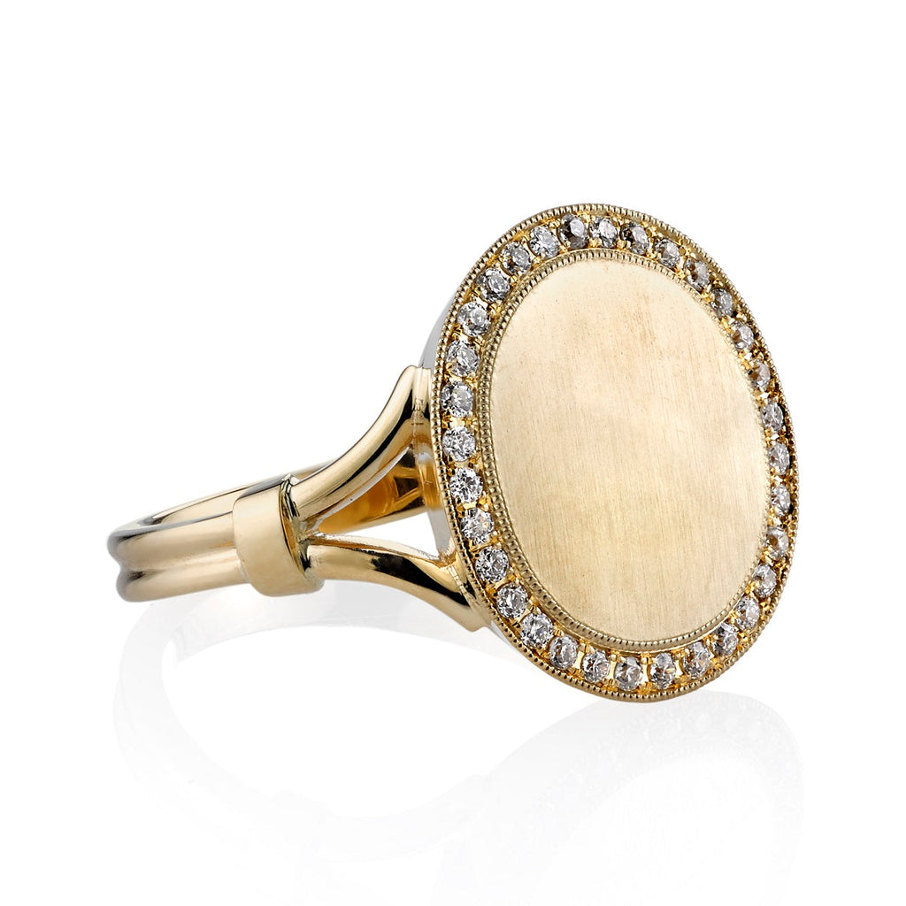 SINGLE STONE PAXTON RING featuring Vintage inspired 18K yellow gold signet ring with an approximately 0.20ctw old European cut diamond surround frame. Make it personal! Price includes monogrammed engraving of up to three letters in any of the styles shown