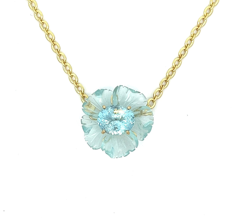 AQUAMARINE TROPICAL FLOWER NECKLACE, 18k yellow gold 15.86ct carved aquamarine flower 4.07ct faceted aquamarine 16 inches in length Made in Los Angeles, Necklace, Irene Neuwirth