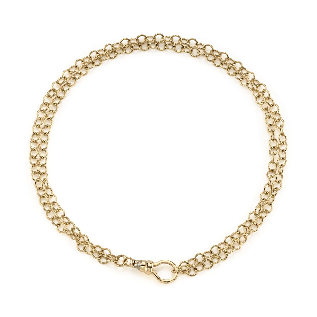 SINGLE STONE EVREN featuring 30" handcrafted 18K yellow gold link chain with approximately 0.20ctw G-H/VS old European cut accent diamonds on clasp. Price does not include charms.