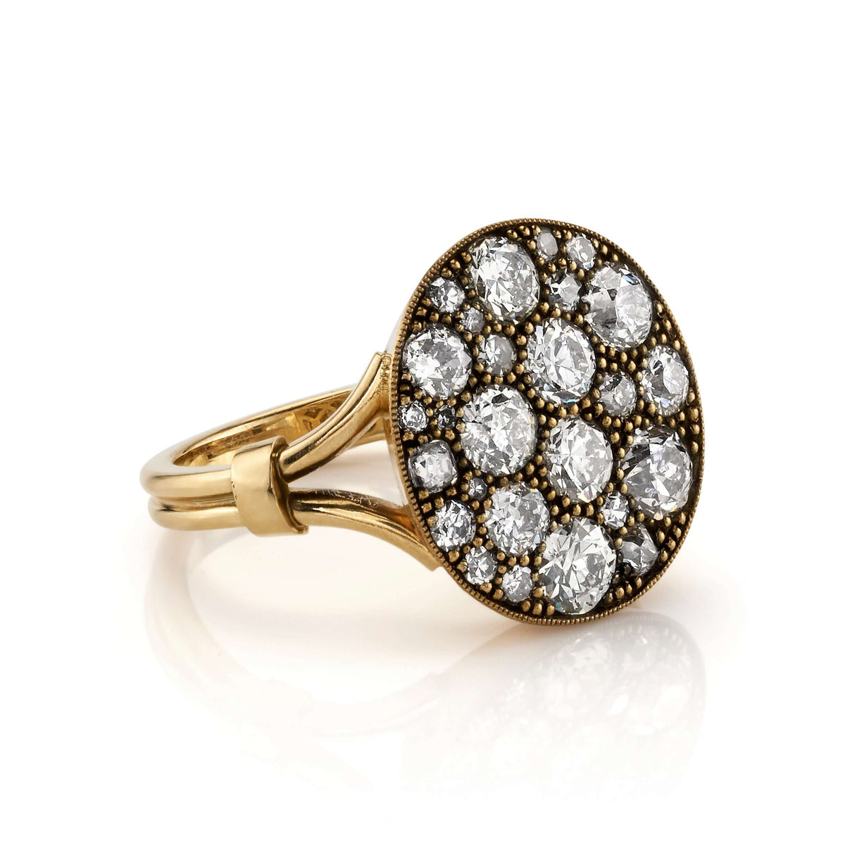 SINGLE STONE COBBLESTONE CRUX RING featuring 2.42ctw varying old cut and round brilliant cut diamonds set in a handcrafted, oxidized 18K yellow gold mounting. Price may vary according to total diamond weight. *Cobblestone pattern may vary from piece to pi