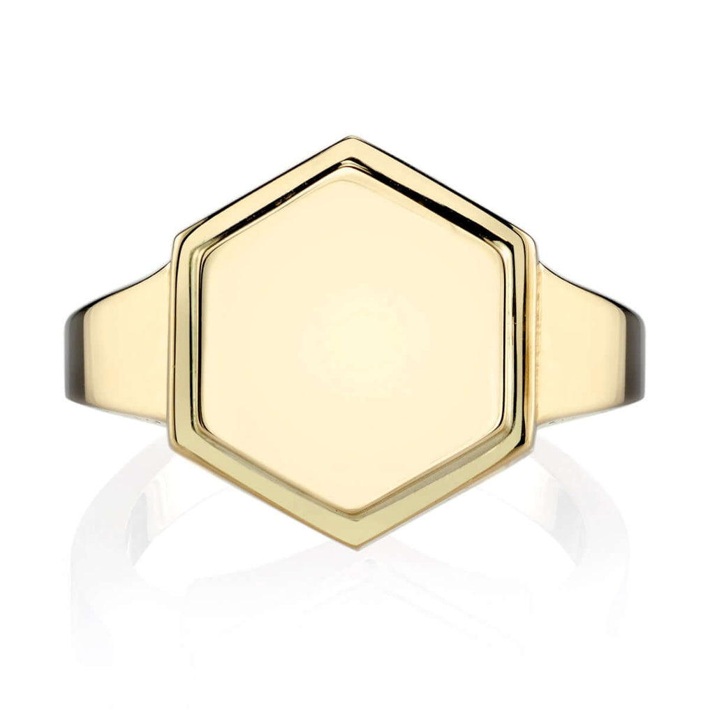 SINGLE STONE ZOE RING featuring Vintage inspired 18K yellow gold hexagon signet ring. Available with or without diamonds. Price includes monogrammed engraving of up to three letters in any of the styles shown above - please be sure to specify before placi