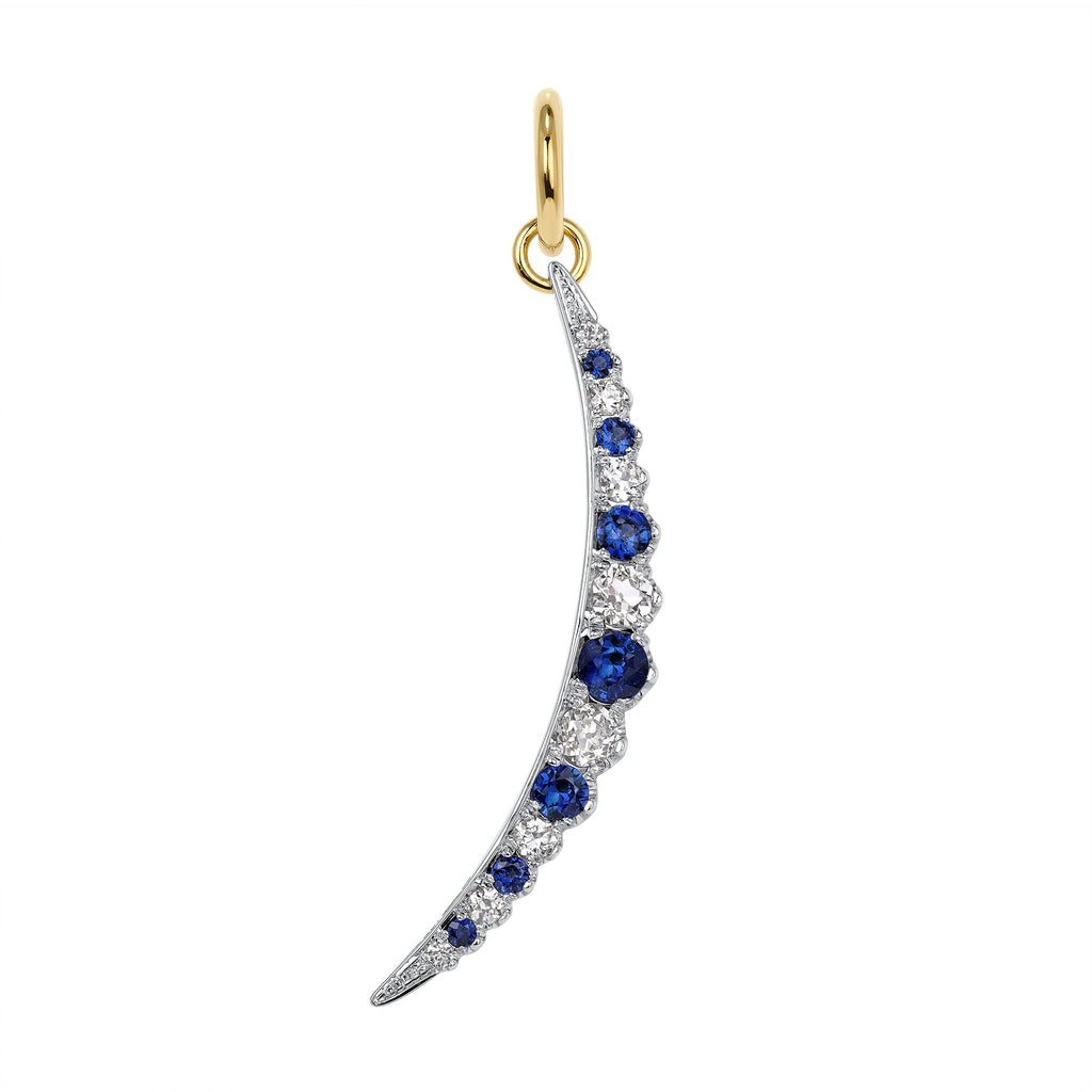 SINGLE STONE LARGE OPHELIA WITH DIAMONDS AND GEMSTONES PENDANT featuring Approximately 0.95ctw G-H/VS-SI old European cut diamonds alongside approximately 1.15ctw round cut color gemstones prong set in a handcrafted 18K yellow gold and platinum crescent m