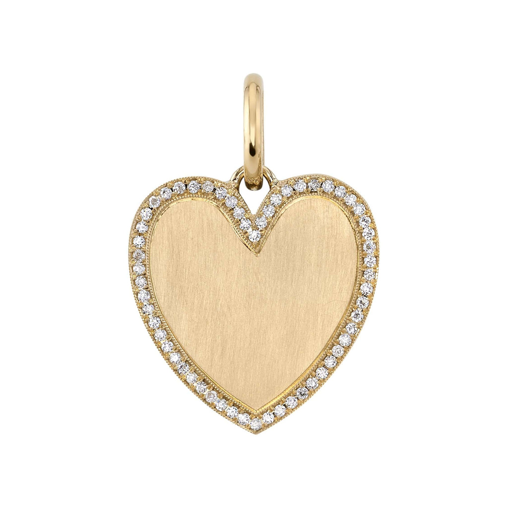 SINGLE STONE MINNIE WITH PAVE PENDANT featuring Approximately 0.25ctw old European cut diamonds surrounding a handcrafted 18K yellow gold heart shaped charm. Price does not include chain. Charm measures 21mm x 24mm.