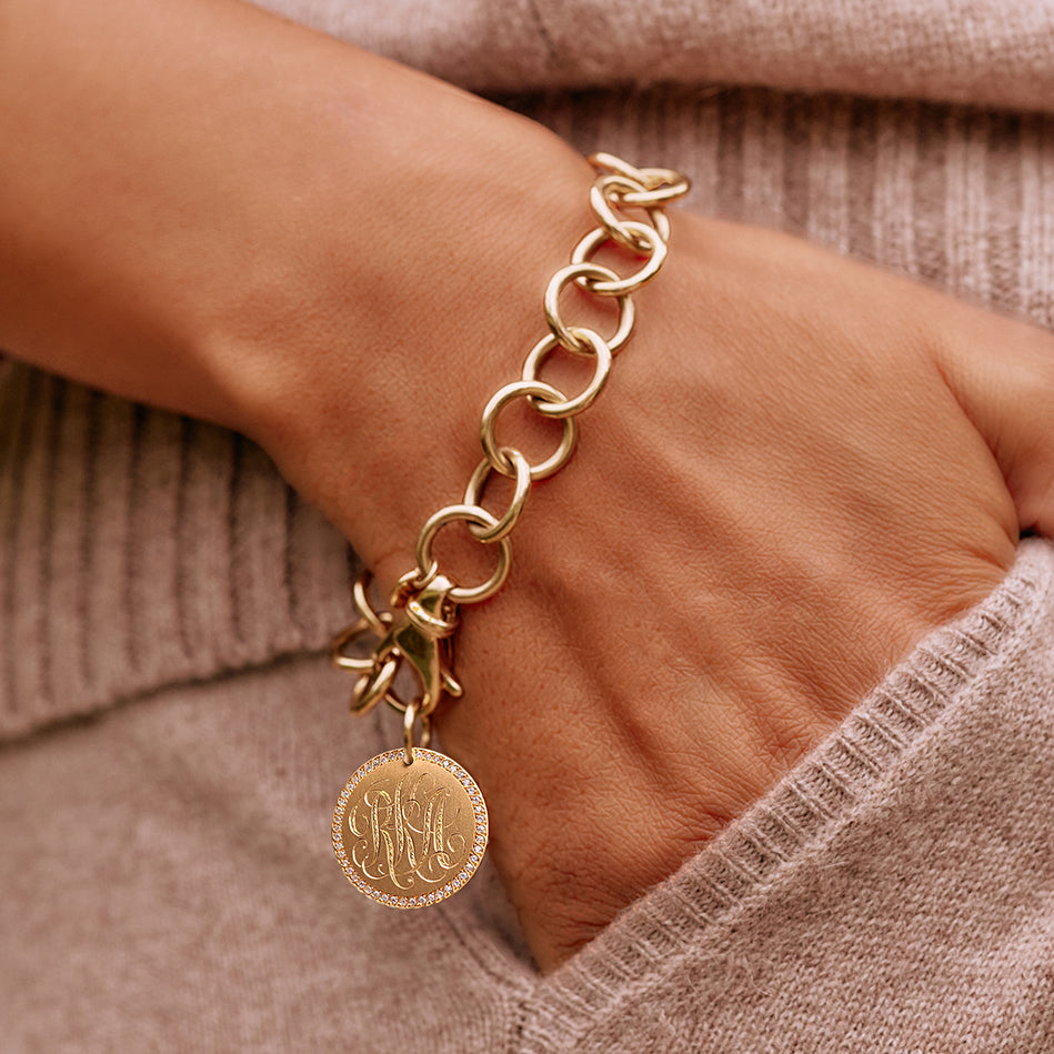 SINGLE STONE CLUB BRACELET featuring Handcrafted 18K gold round link bracelet. Charms sold separately. Bracelet measures 7.5". Please inquire for additional customization.