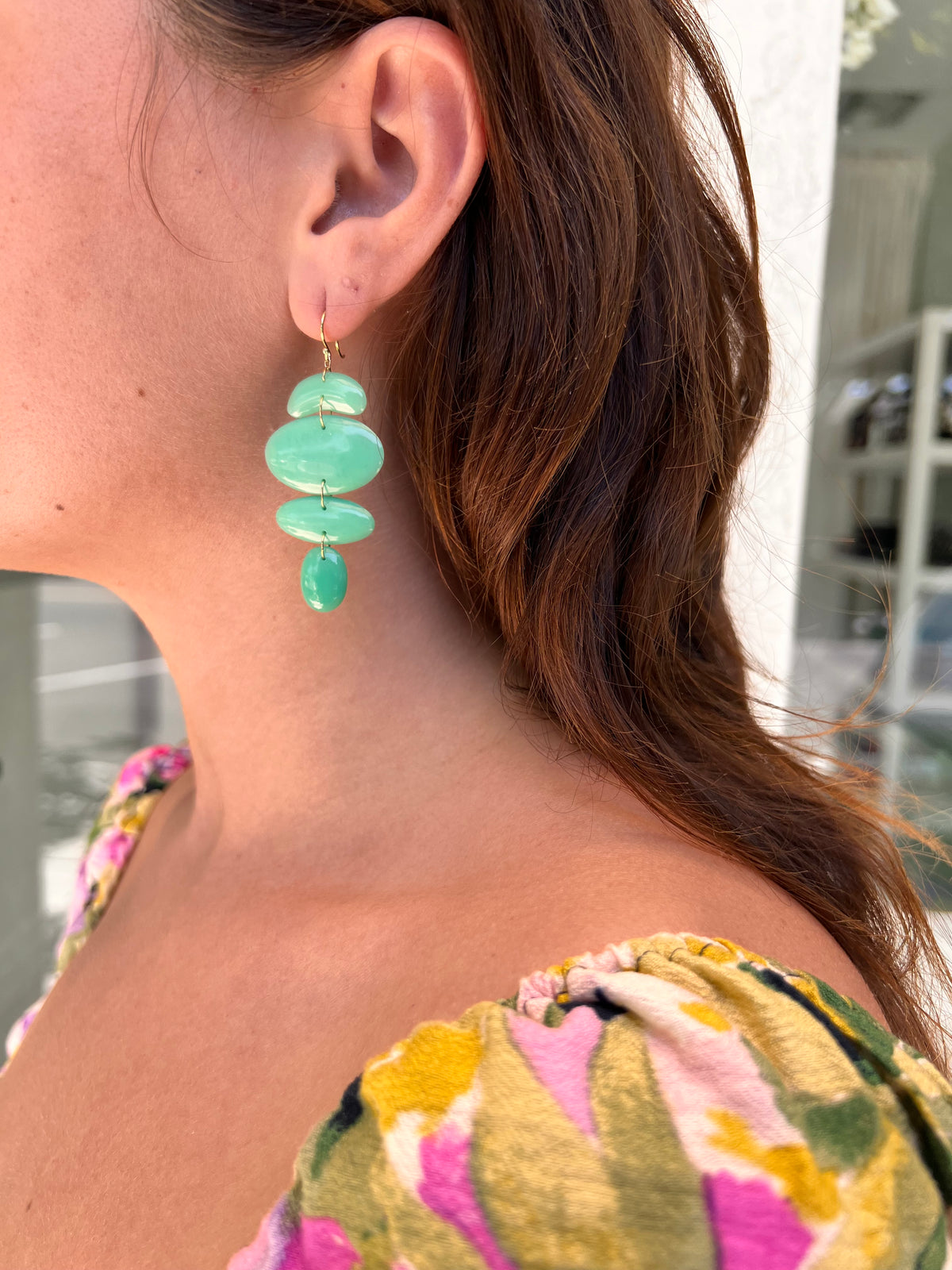 OVAL TOTEM CHRYSOPRASE EARRINGS, 18k yellow gold 
Hand-cut chrysoprase 
Assembled in New York, Earrings, Ten Thousand Things