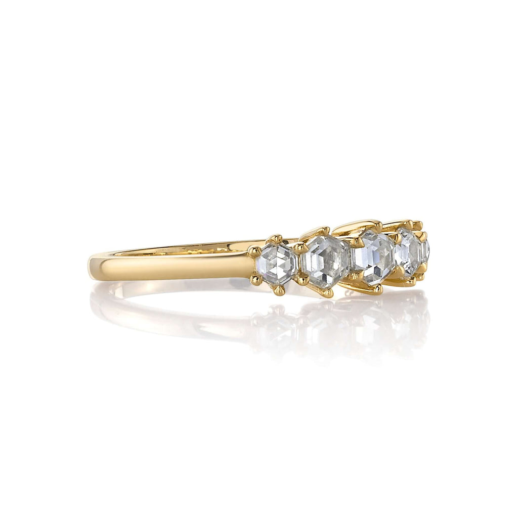 SINGLE STONE QUINCY RING featuring 0.55ctw hexagonal shaped rose cut diamonds set in a handcrafted 18K yellow gold five stone mounting.