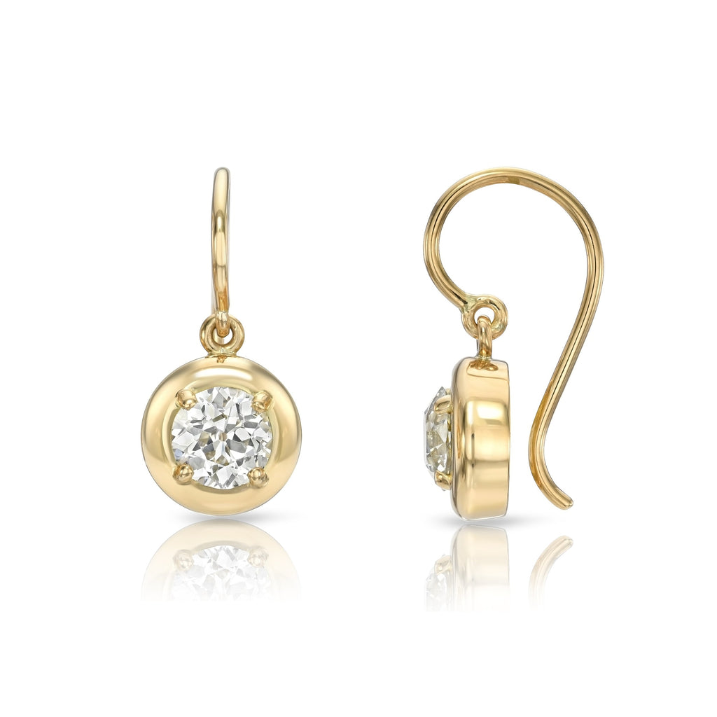 SINGLE STONE RANDI DROPS | Earrings featuring 1.57ctw J/SI2 GIA certified old European cut diamonds prong set in handcrafted 18K yellow gold drop earrings.