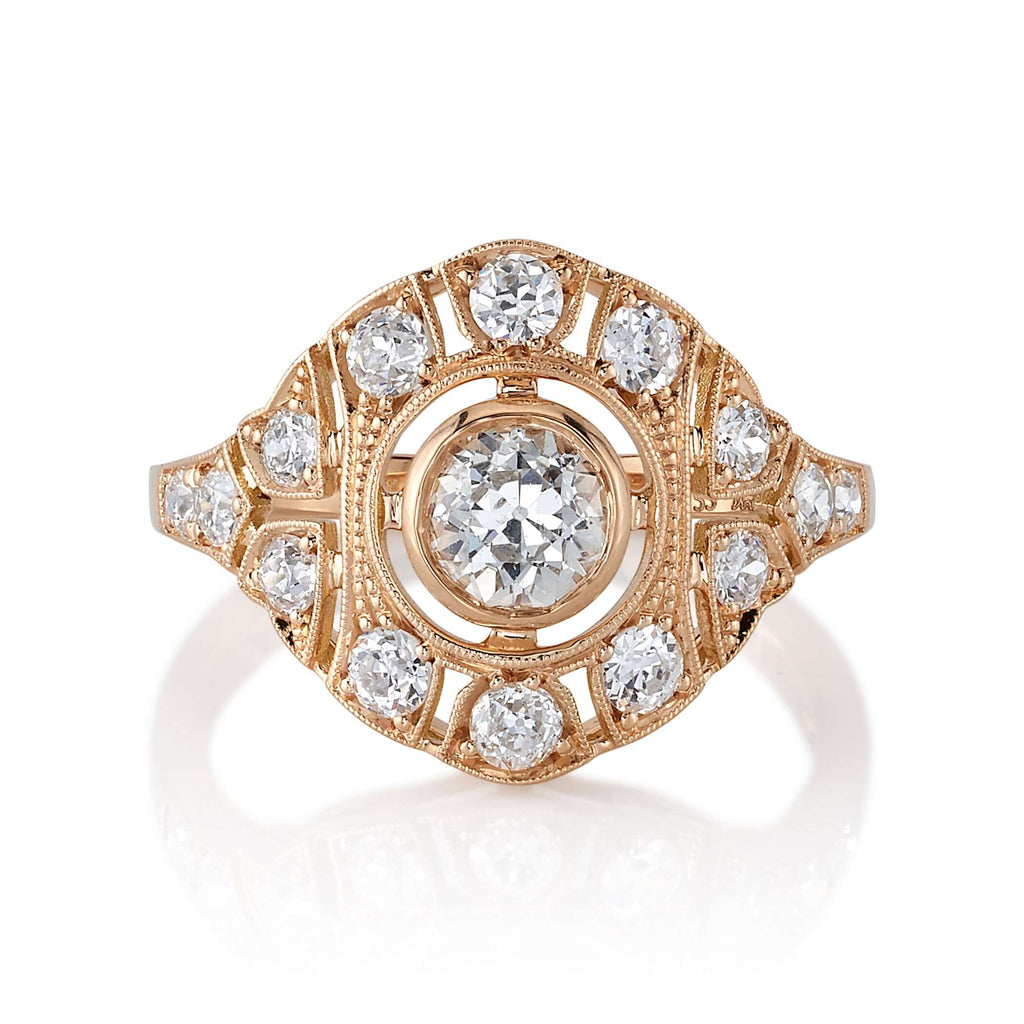 SINGLE STONE RENEE RING featuring 0.58ct J/SI2 GIA certified old European cut diamond with 0.71ctw old European cut accent diamonds set in a handcrafted 18K rose gold mounting.