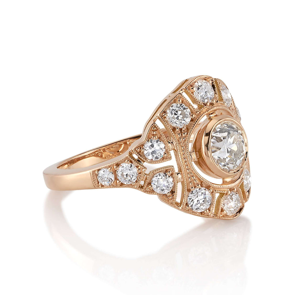 SINGLE STONE RENEE RING featuring 0.58ct J/SI2 GIA certified old European cut diamond with 0.71ctw old European cut accent diamonds set in a handcrafted 18K rose gold mounting.