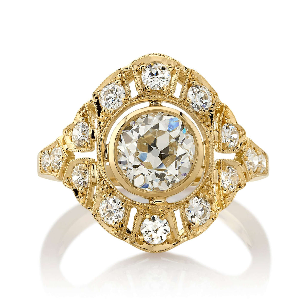 SINGLE STONE RENEE RING featuring 1.48ct K/SI2 GIA certified old European cut diamond with 0.62ctw old European cut accent diamonds set in a handcrafted 18K yellow gold mounting.