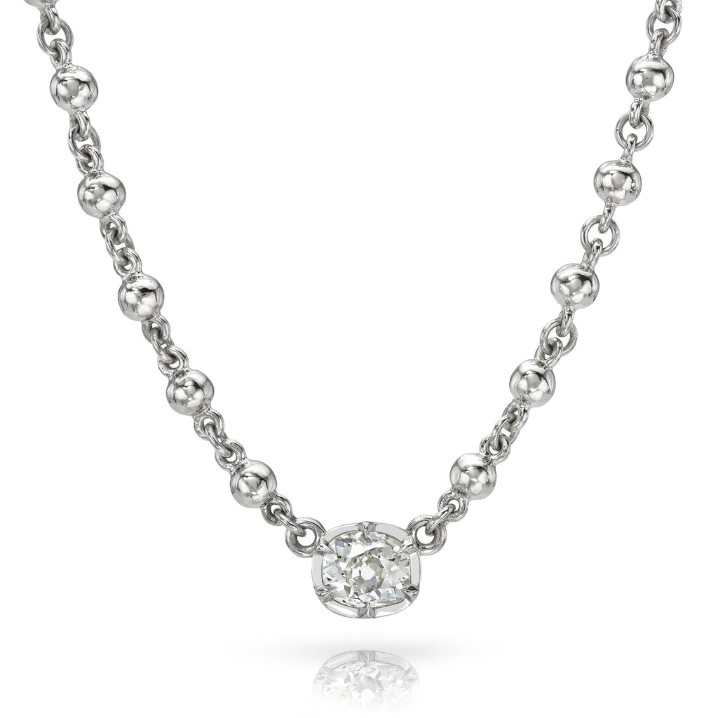 0.90ct K/SI1 GIA certified antique cushion cut diamond prong set on our handcrafted platinum <a href="https://www.singlestone.com/products/rosary-chain-platinum">Rosary chain
