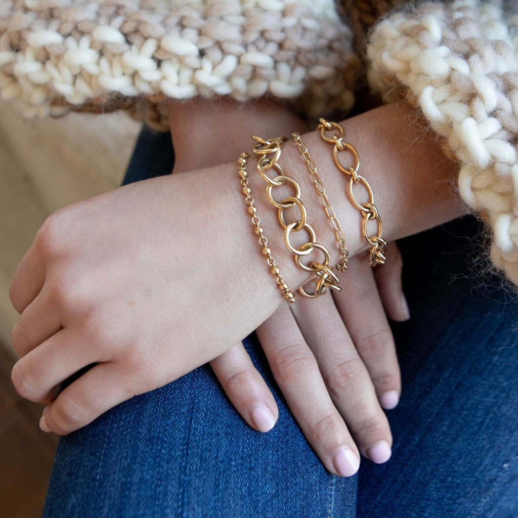 SINGLE STONE ROSARY BRACELET featuring Handcrafted 18K yellow gold round ball bracelet. Bracelet measures 7.5". Please inquire for additional customization.