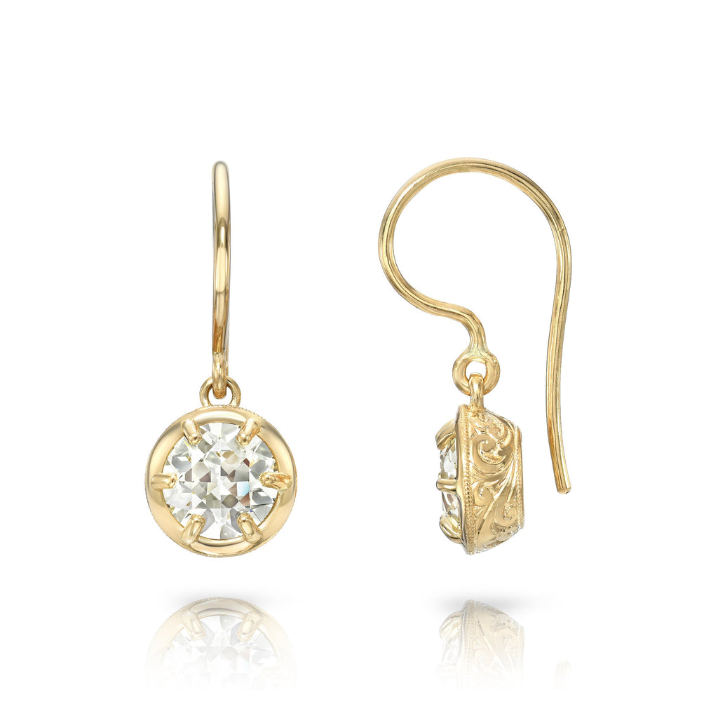 SINGLE STONE SAMARA DROPS | Earrings featuring 2.18ctw S-V/VS1-VVS2 GIA certified old European cut diamonds prong set in handcrafted 18K yellow gold engraved drop earrings.