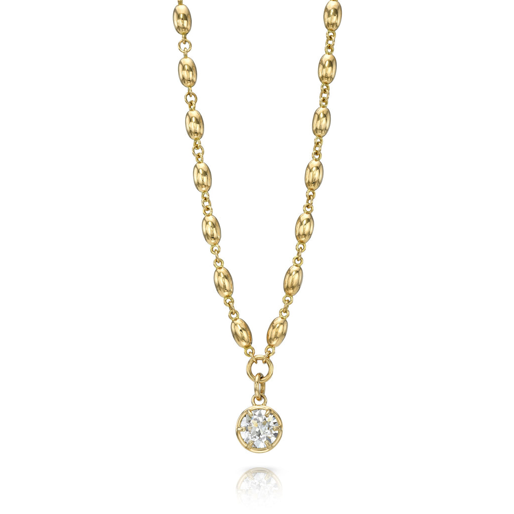 SINGLE STONE SAMARA NECKLACE featuring 1.73ct L/SI1 GIA certified old European cut diamond prong set on a handcrafted 18K yellow gold pendant necklace.