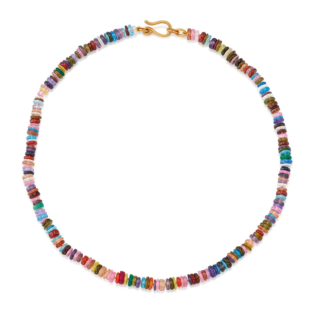 RAINBOW BEAD NECKLACE - 16, 22k yellow gold 
Zircon, tourmaline, green onyx, opal, amethyst, carnelian, and other mixed gems 
16 inches in length 
Stone layout will vary 
Made in New York 
, NECKLACE, Stephanie Albertson