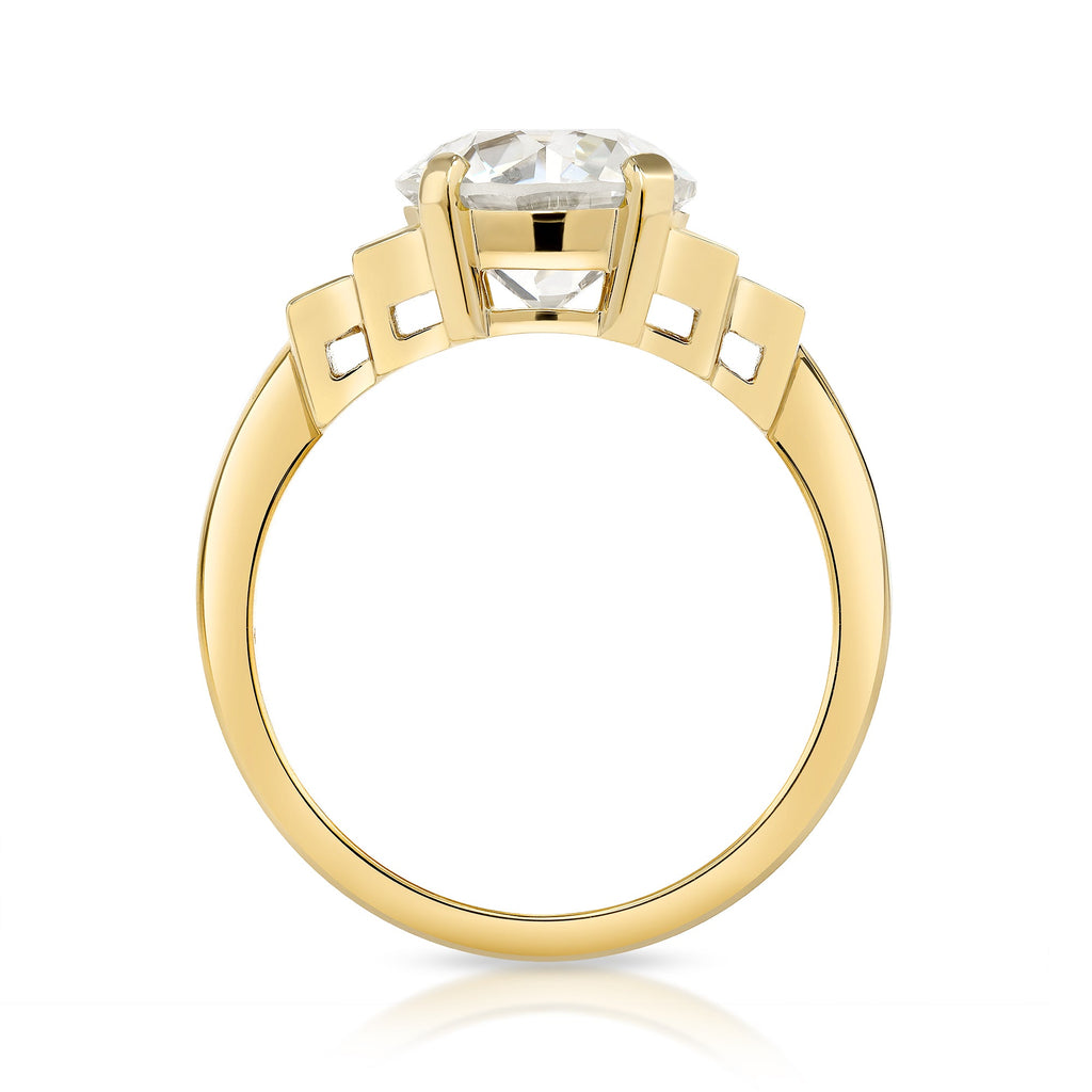 SINGLE STONE SCOUT RING featuring 2.54ct N/VS1 GIA certified old European cut diamond with 0.46ctw baguette cut accent diamonds prong set in a handcrafted 18K yellow gold mounting.