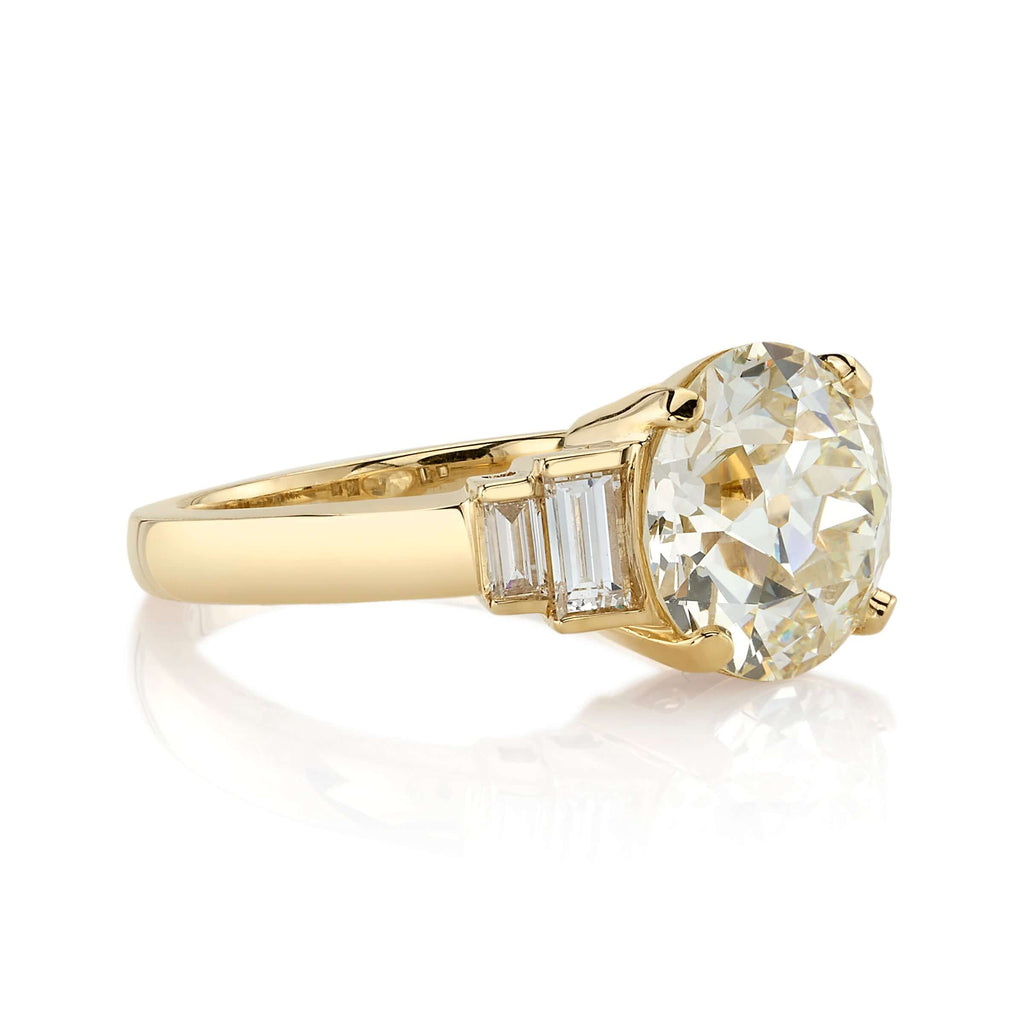 SINGLE STONE SCOUT RING featuring 3.47ct L/VS1 GIA certified old European cut diamond with 0.44ctw Baguette cut diamond accents set in a handcrafted 18K yellow gold mounting.