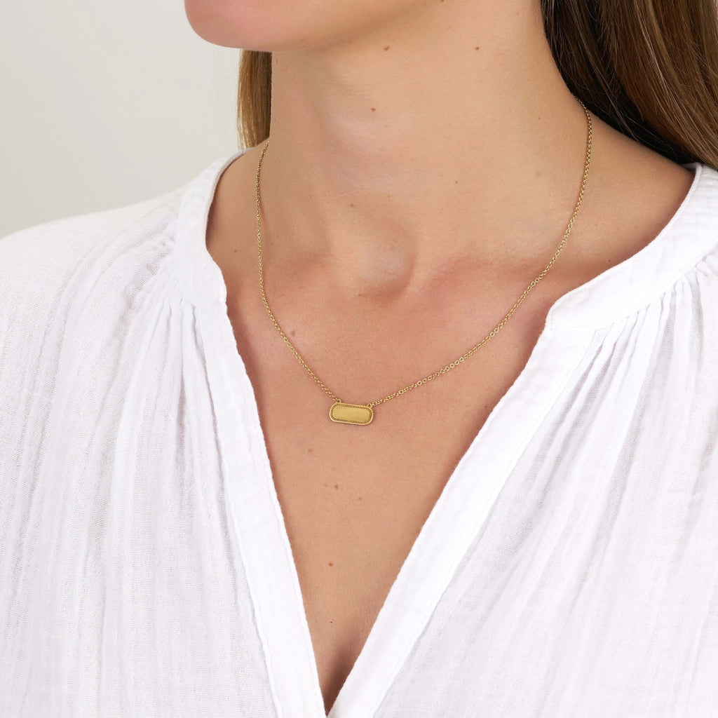 SINGLE STONE MILO NECKLACE featuring Vintage inspired yellow gold bar necklace. Necklace measures 17". Make it personal! Price includes monogrammed engraving of up to three letters in any of the styles shown above - please be sure to specify before placin