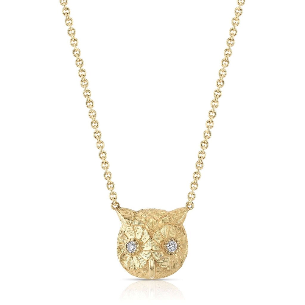 SINGLE STONE OWL PENDANT NECKLACE featuring 0.11ctw G-H/VS old European cut diamonds set in a handcrafted 18K yellow gold owl pendant necklace. Available in a polished or oxidized finish. Necklace measures 16".