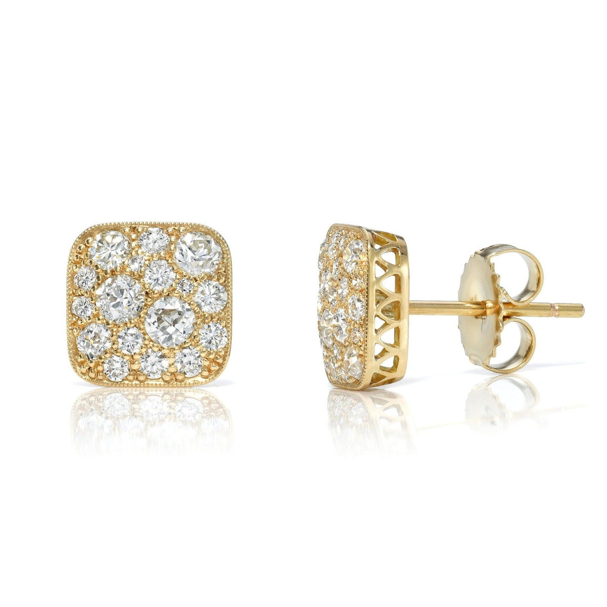 SINGLE STONE SQUARE COBBLESTONE STUDS | Earrings featuring Approximately 1.25ctw various old cut and round brilliant cut diamonds set in handcrafted 18K yellow gold earrings. Available in an oxidized or polished finish. Prices may vary according to diamon