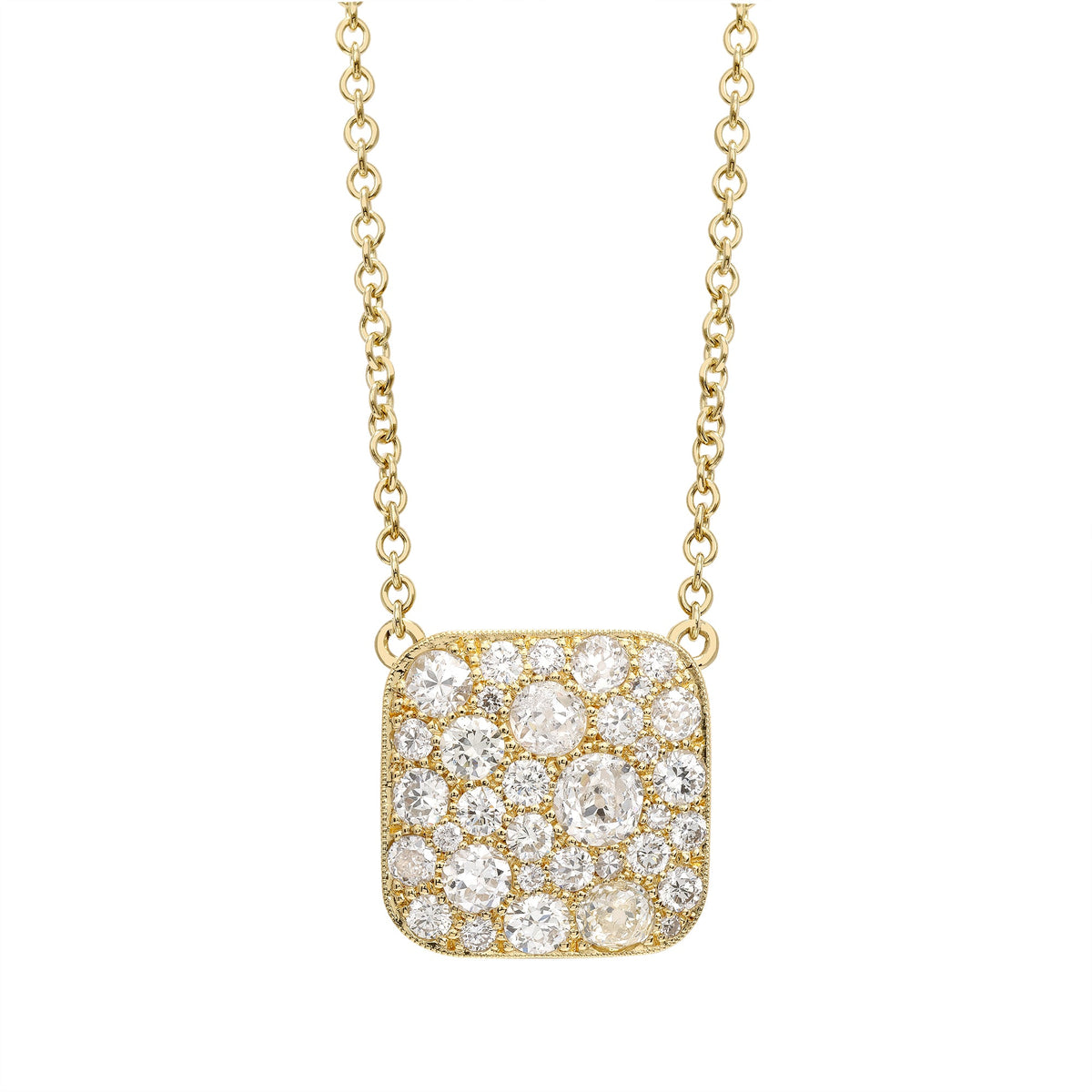 SINGLE STONE SQUARE COBBLESTONE PENDANT NECKLACE featuring Approximately 2.00ctw various old cut and round brilliant cut diamonds set in a handcrafted 18K yellow gold pendant. Price may vary according to total diamond weight. Available in an oxidized or p