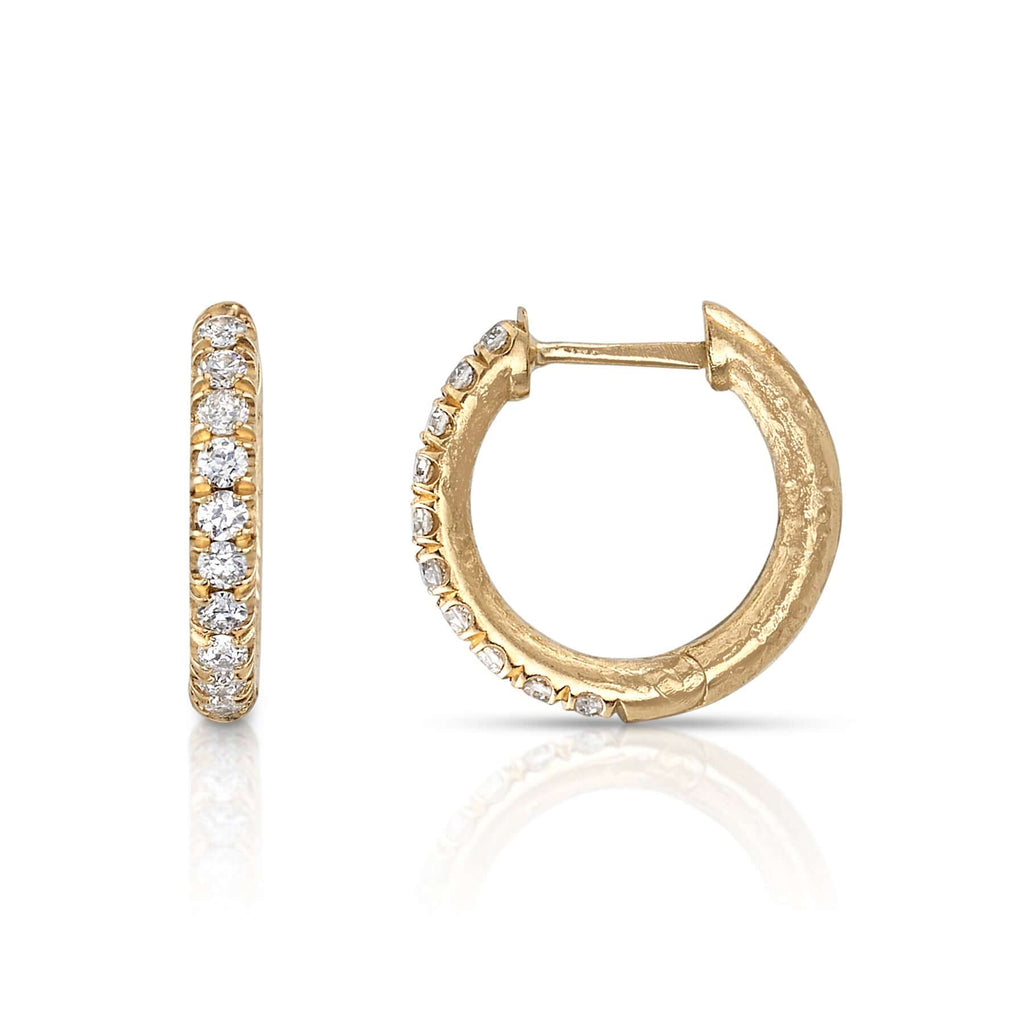 SINGLE STONE STEVIE HUGGIES | Earrings featuring Approximately 0.20ctw G-H/VS old European cut diamonds set in handcrafted hammer finished 18K yellow gold huggie earrings.