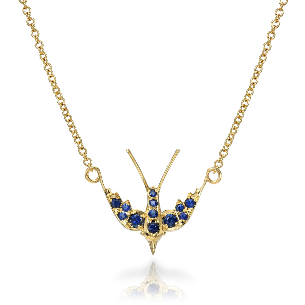 SINGLE STONE SMALL SWALLOW NECKLACE WITH GEMSTONES featuring Approximately 0.35ctw old European cut color gemstones prong set in a handcrafted 18K yellow gold swallow pendant necklace. Necklace measures 17".