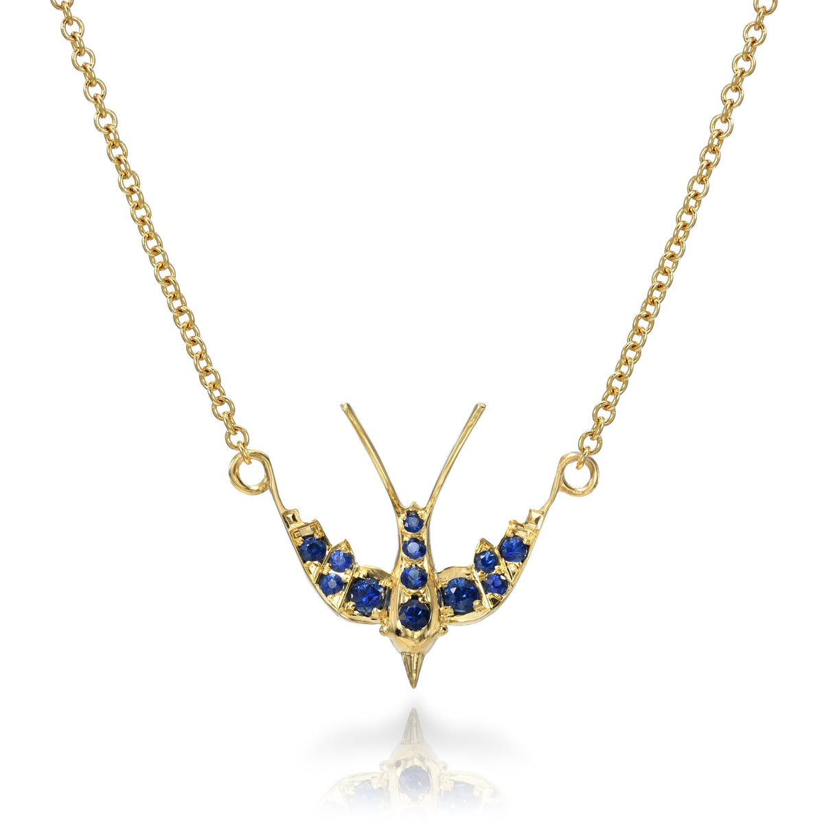 SINGLE STONE SMALL SWALLOW NECKLACE WITH GEMSTONES featuring Approximately 0.35ctw old European cut color gemstones prong set in a handcrafted 18K yellow gold swallow pendant necklace. Necklace measures 17".
