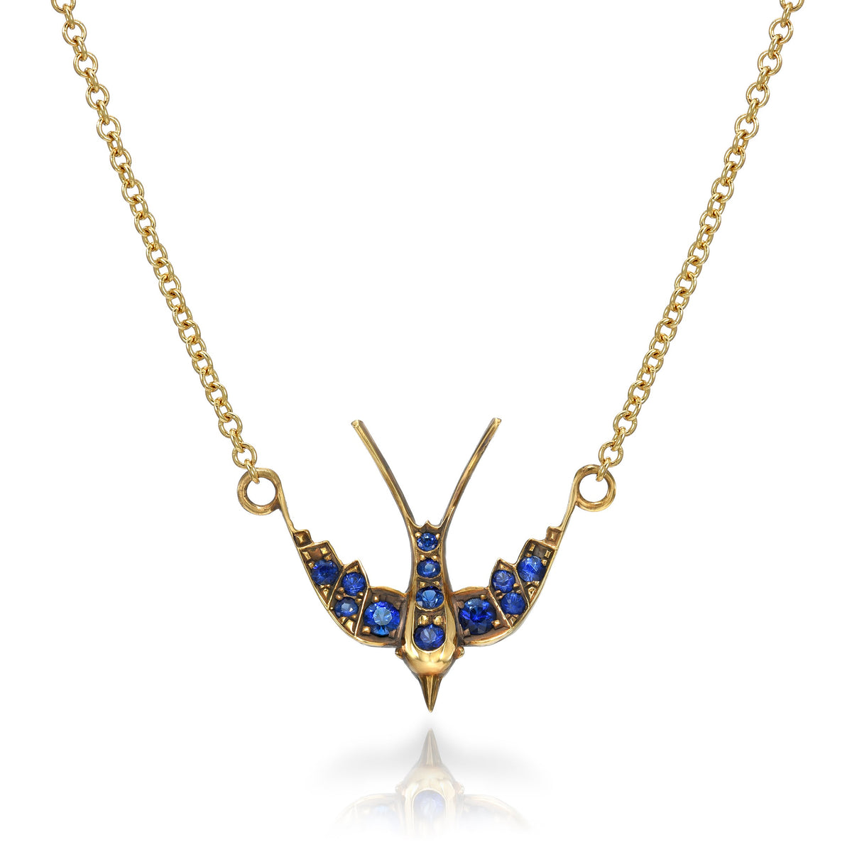 SINGLE STONE SMALL SWALLOW NECKLACE WITH GEMSTONES featuring Approximately 0.35ctw old European cut color gemstones prong set in a handcrafted 18K yellow gold swallow pendant necklace. Necklace measures 17".