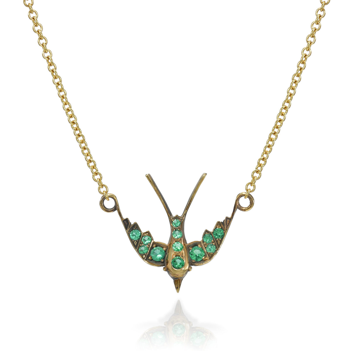 SINGLE STONE SMALL SWALLOW NECKLACE WITH GEMSTONES featuring Approximately 0.35ctw old European cut color gemstones prong set in a handcrafted 18K yellow gold swallow pendant necklace. Necklace measures 17".