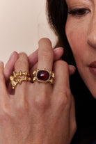 RUBELLITE CHRONA DEMI RING, 10.07ct cabochon rubellite  
18k yellow gold  
Size 6.5, Band, VRAM