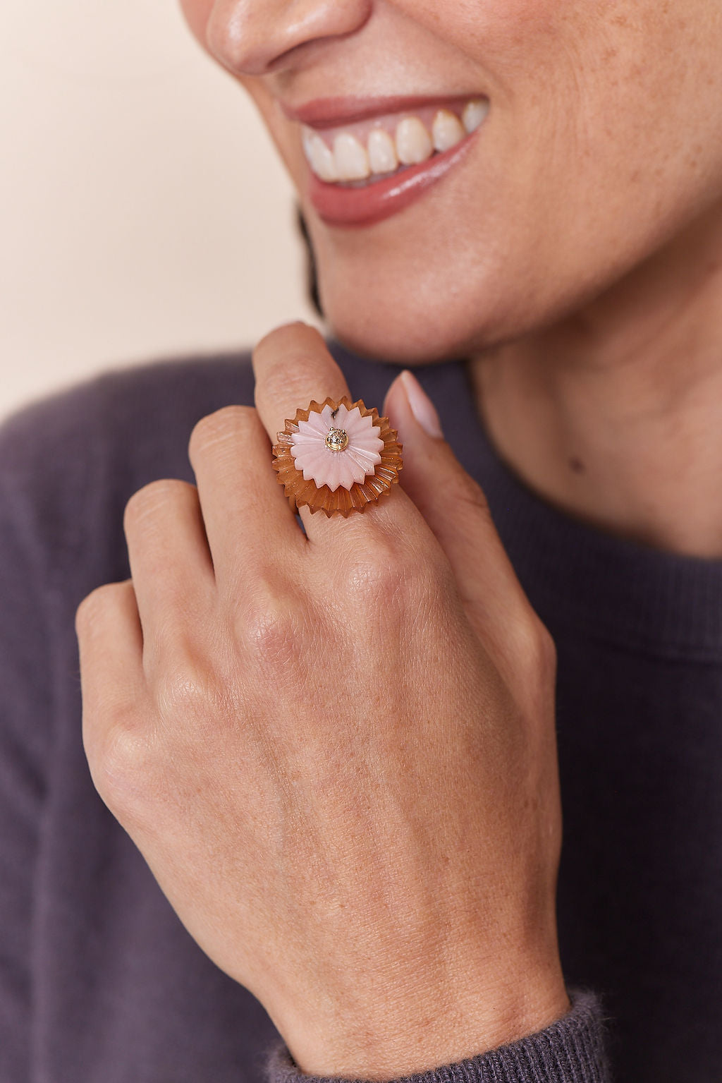 SUMMER SNOW MULTI-STONE RING, 9k yellow gold 
Hessonite garnet and rhodonite  
Champagne diamond center stone  
Size 6.5 
Made in London, RINGS, Alice Cicolini