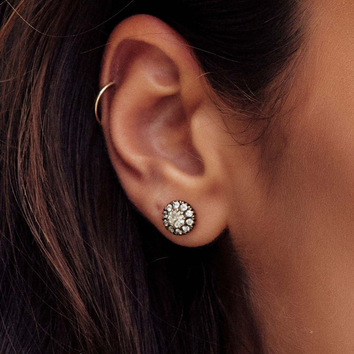 SINGLE STONE TALIA STUDS | Earrings featuring 0.66ctw G-H/VS old European cut diamonds prong set in handcrafted oxidized 18K yellow and champagne gold cluster stud earrings.