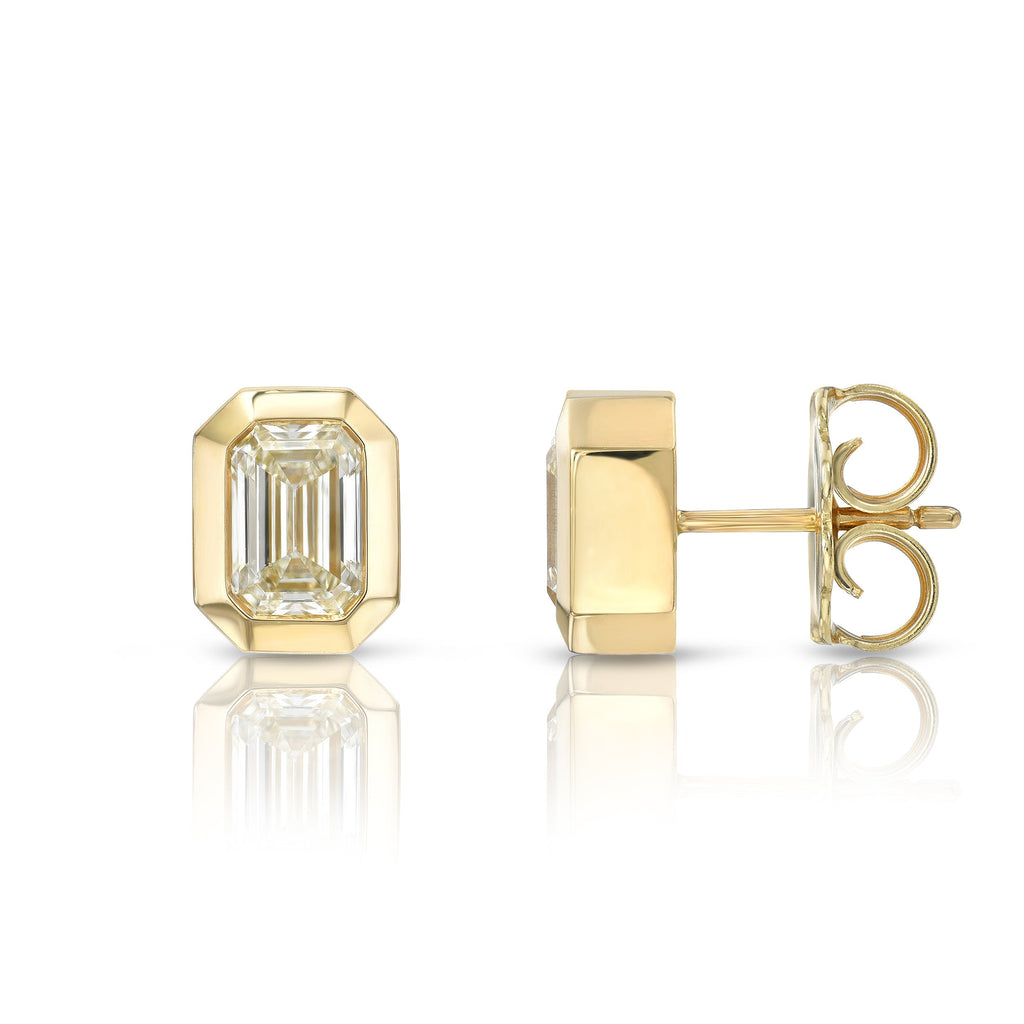 SINGLE STONE TEDDI STUDS | Earrings featuring 1.91ctw M/VS2 GIA certified emerald cut diamonds bezel set in handcrafted 18K yellow gold stud earrings.