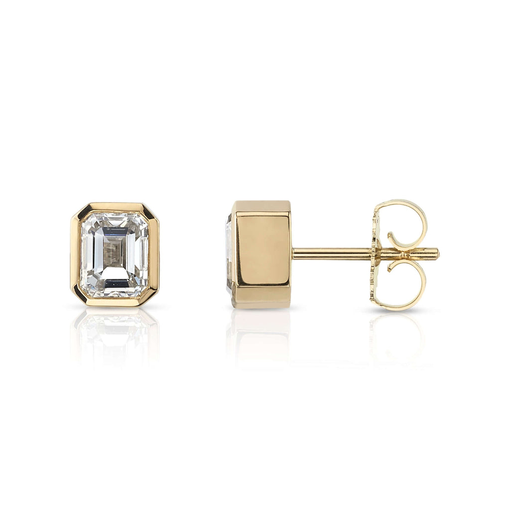 SINGLE STONE TEDDI STUDS | Earrings featuring 2.01ctw J-L/VS1-SI1 GIA certified emerald cut diamonds bezel set in handcrafted 18K yellow gold stud earrings.