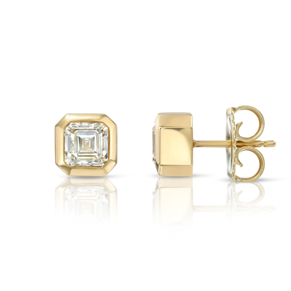 Single Stone TEDDI STUDS | Earrings featuring 2.06ctw L-M/VS1 GIA certified Asscher cut diamonds bezel set in handcrafted 18K yellow gold stud earrings.