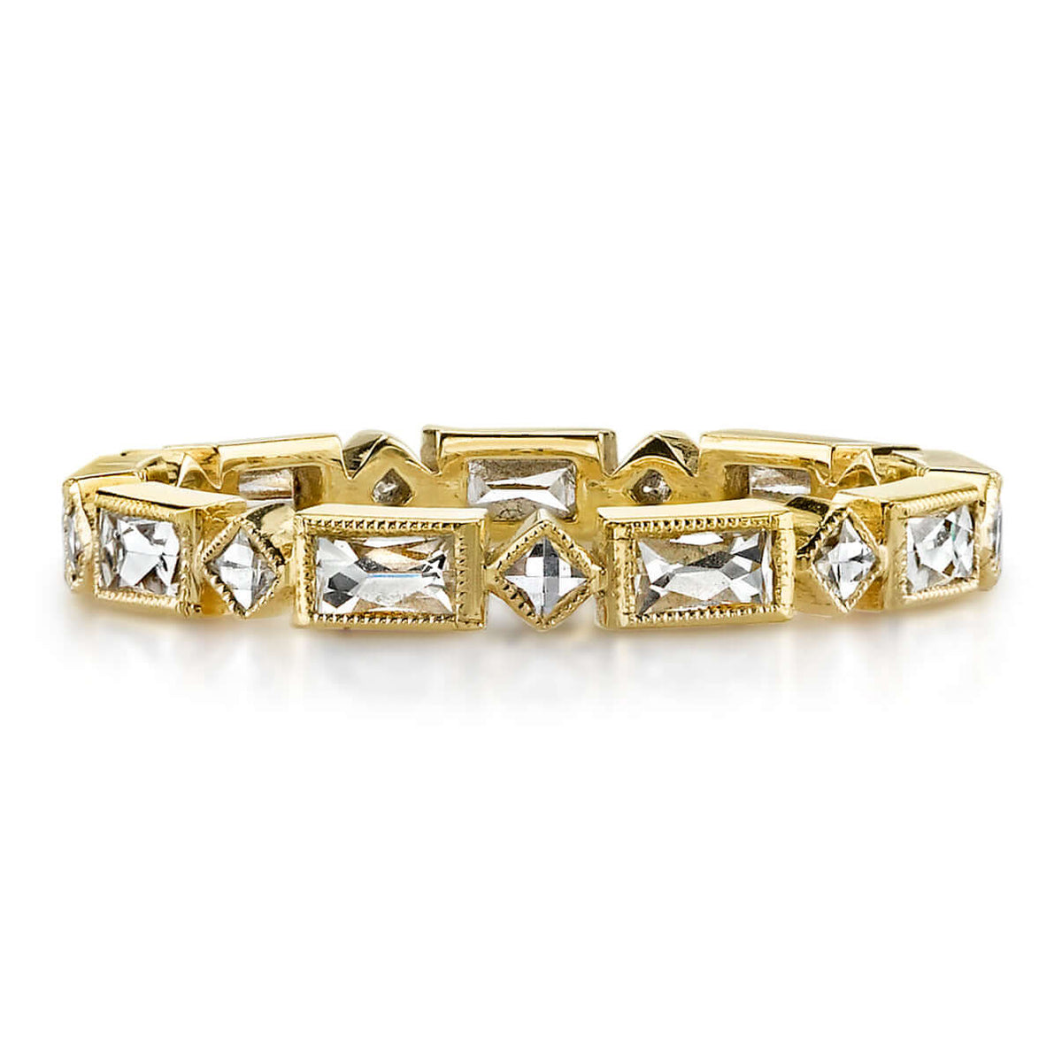 SINGLE STONE MADELINE BAND | Approximately 0.80-1.00ctw square and rectangular French cut diamonds bezel set in a handcrafted eternity band. Approximate band width 2.4mm. *Stone weight may vary from piece to piece. Please inquire for additional customizat