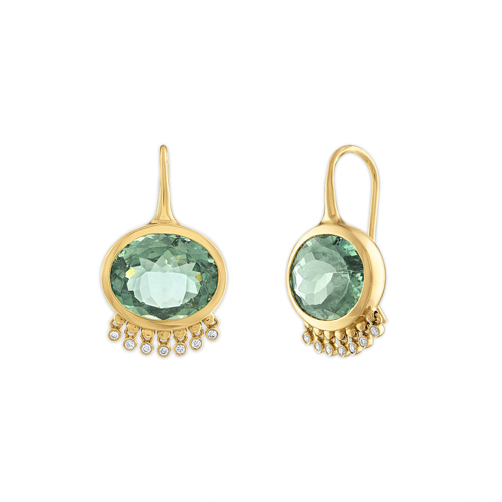 TENNESSEE OVAL EARRINGS - TOURMALINE, 18k yellow gold Light green tourmalines Diamonds Made in New York, Earrings, Jade Ruzzo