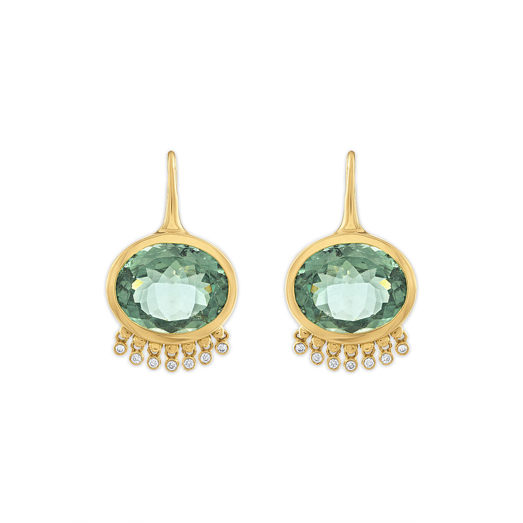 TENNESSEE OVAL EARRINGS - TOURMALINE, 18k yellow gold Light green tourmalines Diamonds Made in New York, Earrings, Jade Ruzzo