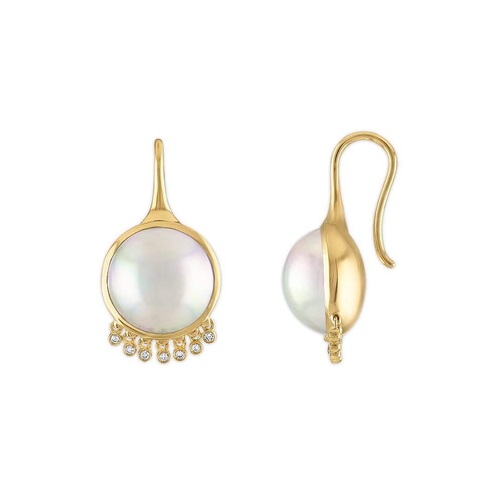 TENNESSEE ROUND EARRINGS - PEARL, 18k yellow gold Pearls Diamonds Made in New York, Earrings, Jade Ruzzo