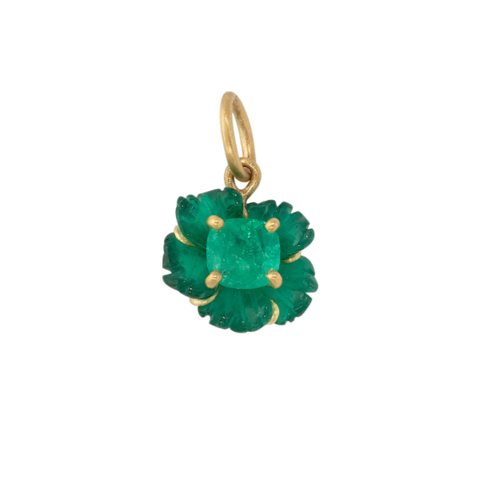 EMERALD TROPICAL FLOWER PENDANT, 18k yellow gold 3.97ct carved emerald flower 0.87ct emerald center stone Made in Los Angeles, Pendant, Irene Neuwirth