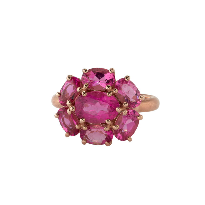 GEMMY GEM RUBELLITE FLOWER RING, 18k rose gold 3.75cts fire rubellite Size 7 Made in Los Angeles, Ring, Irene Neuwirth